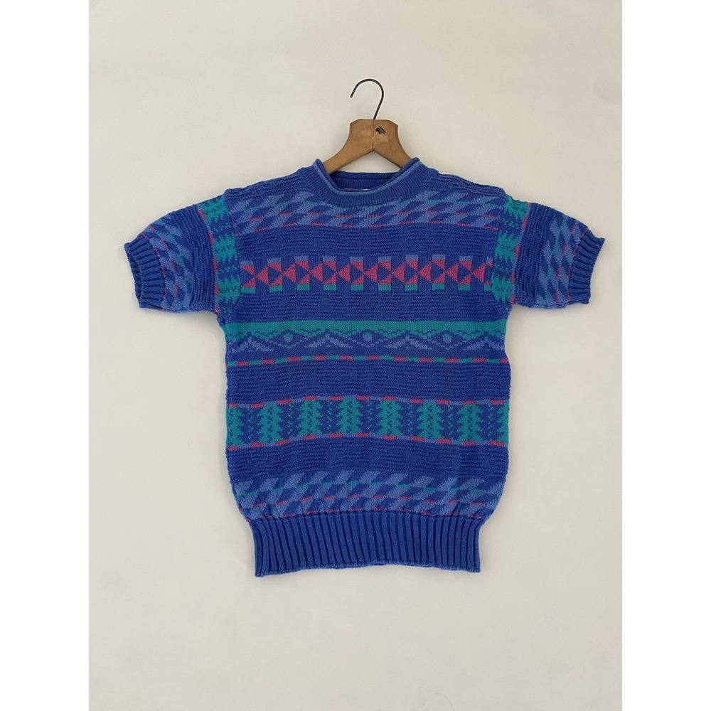 Vintage PS Sport Sweater Small Short Sleeve Multi Color Striped Blue Green Pink